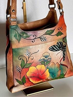 Anuschka Wild Flower Hand Painted Leather Shoulder Bag Pristine